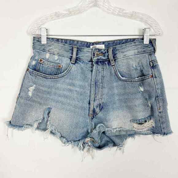 ZARA Women's High-Rise Distressed Cut Off Denim Shorts Size 8 100% Cotton - Picture 1 of 6